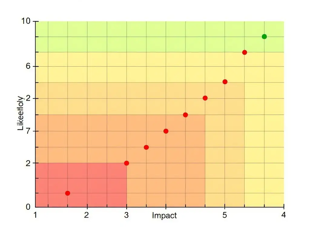 A 5x5 grid matrix colored from green (bottom-left) to red (top-right), with the vertical axis labeled "Likelihood" and the horizontal axis labeled "Impact," showing various risk dots plotted on the grid to demonstrate prioritization.