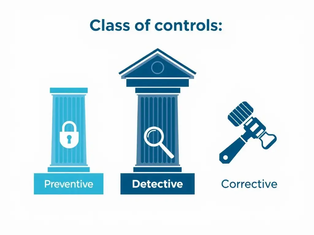 A diagram classifying controls into three pillars: Preventive (represented by a lock icon), Detective (represented by a magnifying glass icon), and Corrective (represented by a wrench/gavel icon, indicating fixing processes and enforcing discipline).