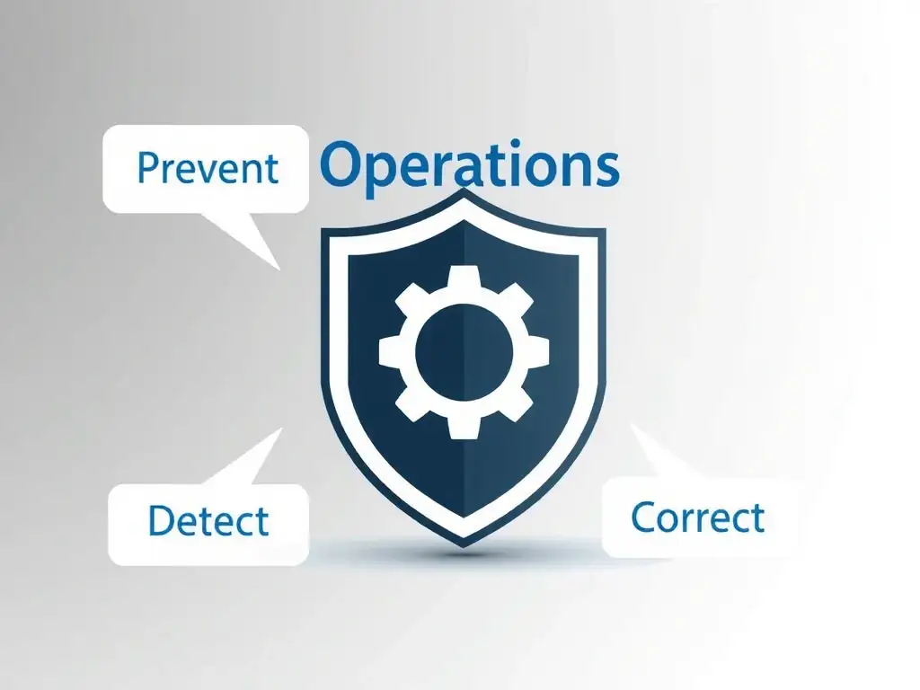 A shield icon protecting a gear mechanism representing "Operations," with labels "Prevent," "Detect," and "Correct" pointing to the shield, showing its protective and corrective functions.