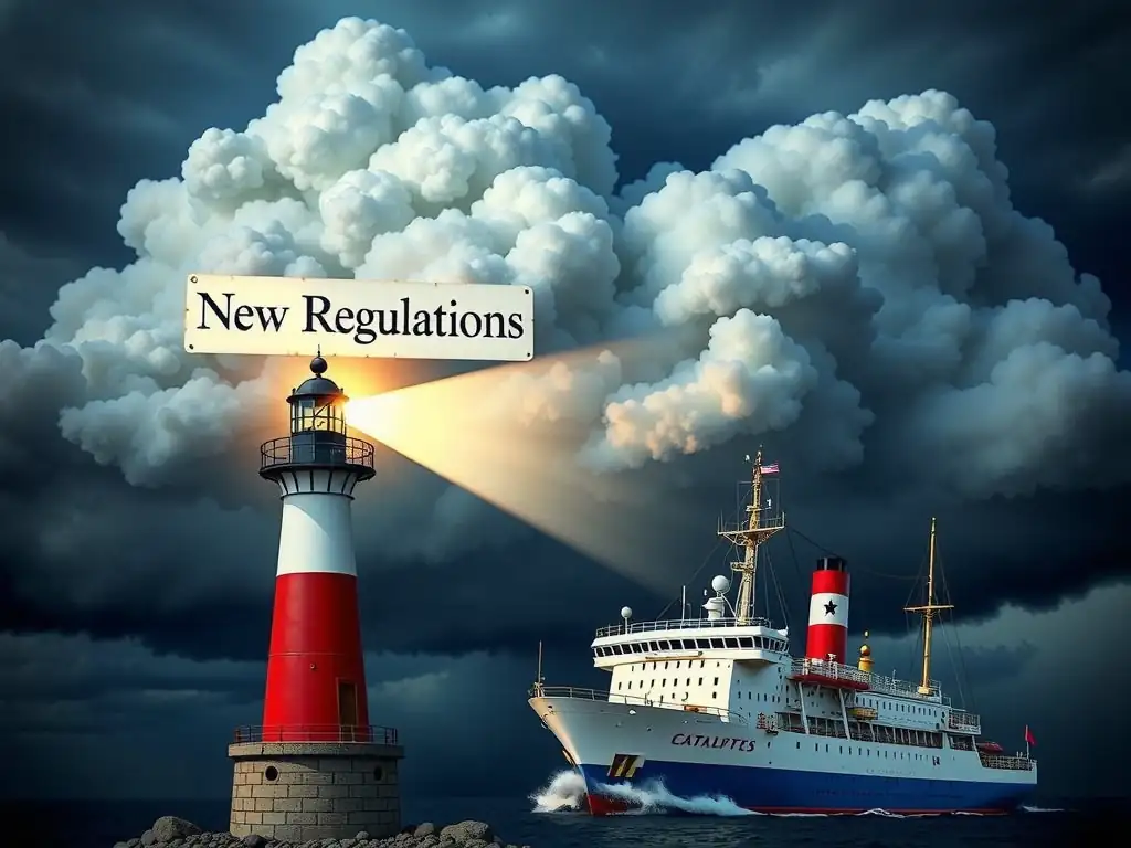 A lighthouse projecting a beam of light onto a storm cloud labeled "New Regulations," symbolizing early detection and evaluation of legal changes before they strike the ship (the business).