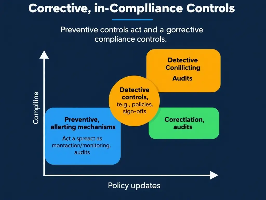 A visual matrix or flowchart comparing Preventive, Detective, and Corrective compliance controls. The diagram should highlight that Preventive controls act as barriers (e.g., training, policies, sign-offs), Detective controls act as monitoring/alerting mechanisms (e.g., transaction monitoring, audits), and Corrective controls act as remediation (e.g., discipline, policy updates).