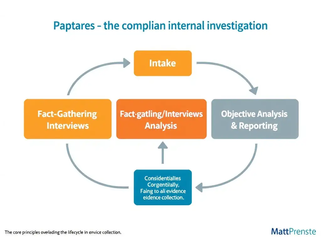 A workflow diagram illustrating the key phases of a compliant internal investigation: Intake, Planning, Fact-Gathering/Interviews, Objective Analysis, and Reporting. The diagram should emphasize the core principles overlaying the entire lifecycle: Confidentiality, Fairness to all parties, and Objectivity in evidence collection.