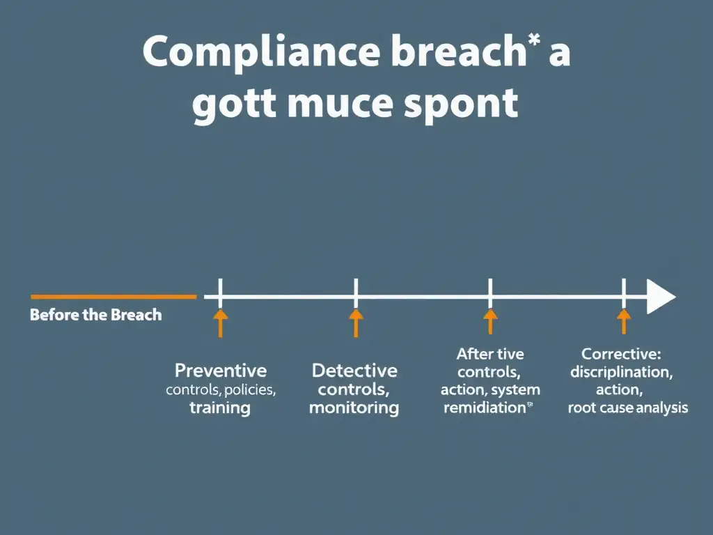 A timeline graphic showing a compliance breach event. The timeline marks 'Before the Breach' (Preventive controls: policies, training), 'During the Breach' (Detective controls: alerts, monitoring), and 'After the Breach' (Corrective controls: disciplinary action, system remediation, root cause analysis).