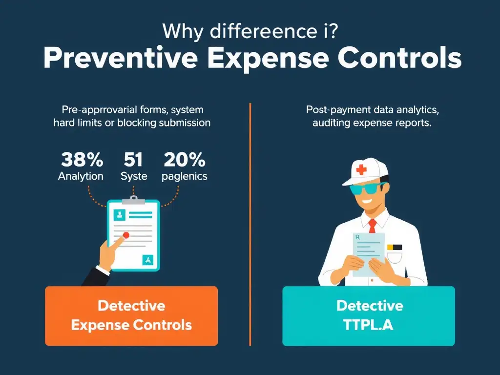 An infographic showing the difference between Preventive Expense Controls (e.g., pre-approval forms, system hard limits blocking submission) and Detective Expense Controls (e.g., post-payment data analytics, pattern matching, auditing expense reports).