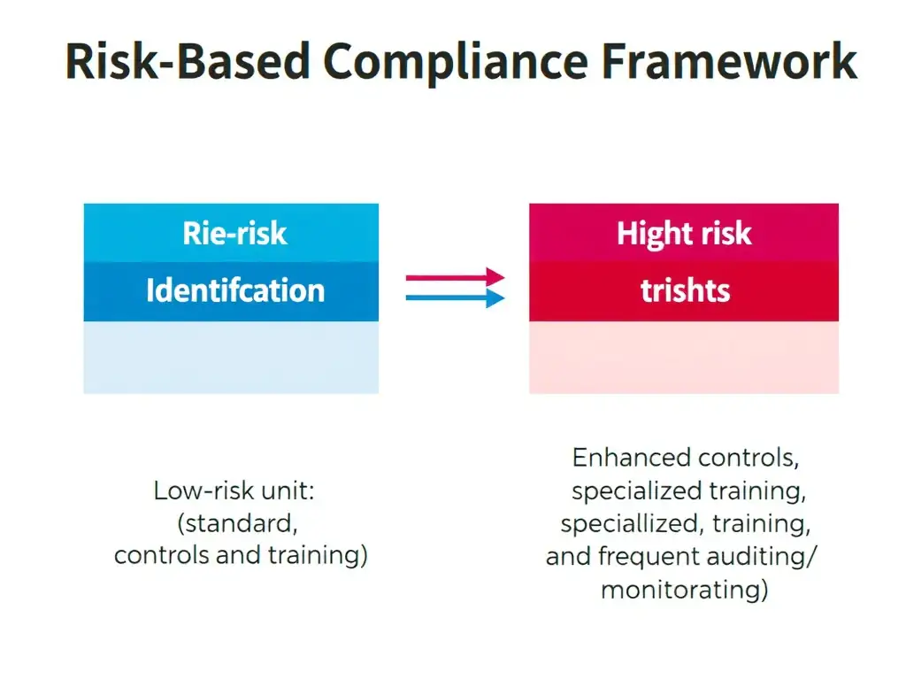 A diagram illustrating a Risk-Based Compliance Framework, showing risk identification leading to proportional risk mitigation. It should contrast a low-risk unit (standard controls and training) with a high-risk unit (enhanced controls, specialized training, and frequent auditing/monitoring).