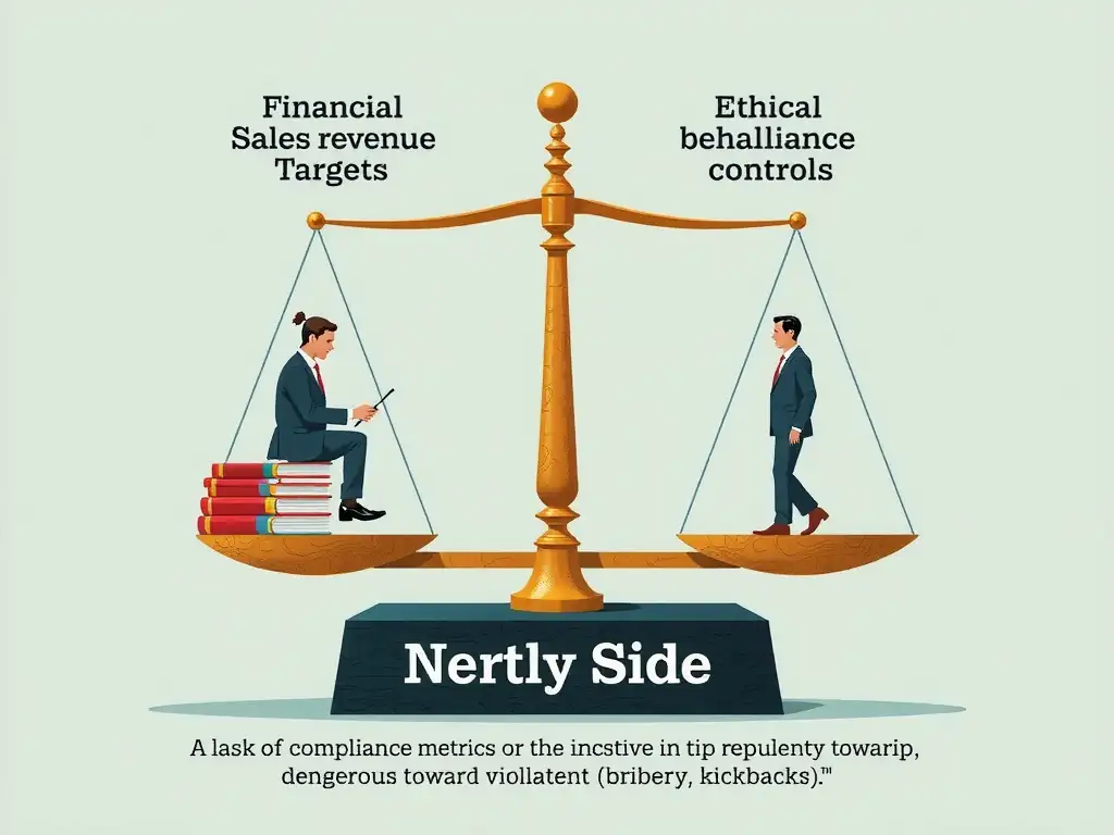 A conceptual illustration depicting a balance scale. On one side are financial incentives/sales revenue targets, and on the other side are ethical behavior/compliance controls. The graphic should illustrate that a lack of compliance metrics on the incentive side causes the scale to tip dangerously toward compliance violations (bribery, kickbacks).