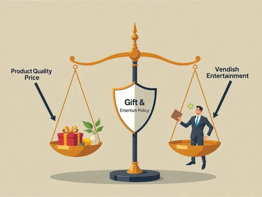 An illustration of a business decision-making process. The scales of decision-making are shown balanced between 'Product Quality/Price' and 'Vendor Bids'. Outside influences like 'Excessive Gifts' or 'Lavish Entertainment' are shown attempting to tilt the scales, with a 'Gift & Entertainment Policy' acting as a protective shield.