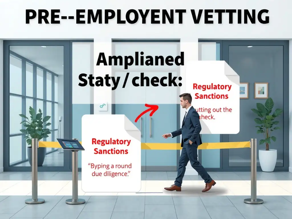 A visual depiction of a gatekeeper or security checkpoint at a corporate office entrance representing 'Pre-Employment Vetting'. An applicant is passing through, and their background file (highlighting 'Regulatory Sanctions') is shown bypass-routing around the check due to a gap, illustrating a due diligence failure.