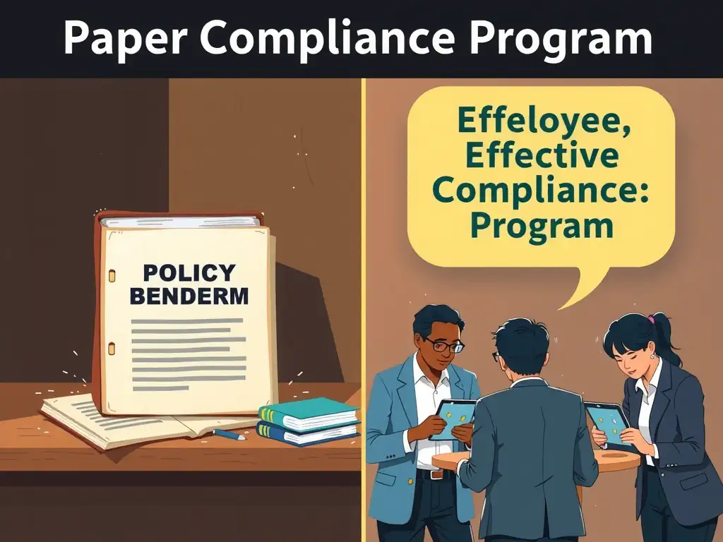 An illustration contrasting a 'Paper Compliance Program' (a thick policy binder sitting closed on a shelf covered in dust) with an 'Effective Compliance Program' (employees actively discussing and reading digital policy tablets with icons representing understanding and training).