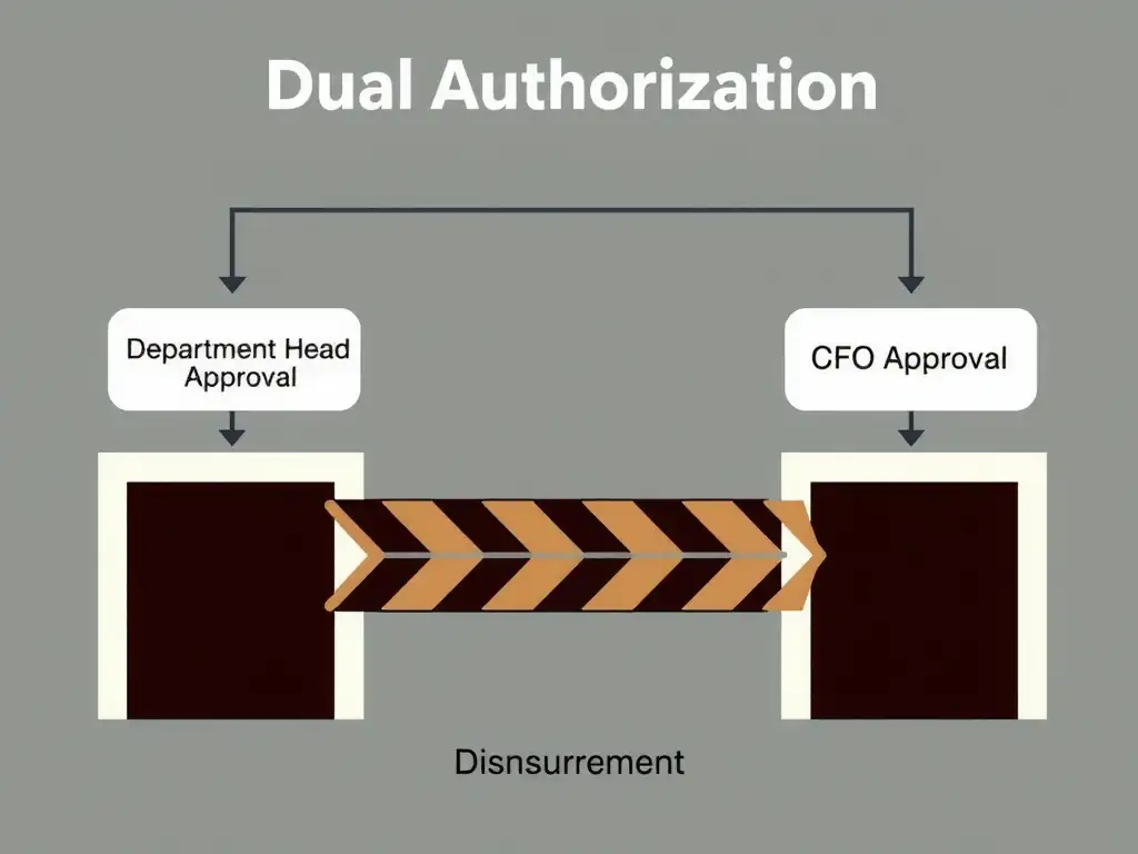 A schematic of a 'Dual Authorization' workflow. A transaction request must pass through two sequential gates representing 'Department Head Approval' and 'CFO Approval' before it reaches the 'Disbursement' stage, illustrating a preventive barrier.