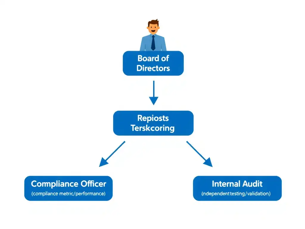 A flow diagram showing the Board of Directors at the top, receiving reports and engaging in two-way communication channels with the Chief Compliance Officer (compliance metrics/performance) and Internal Audit (independent testing/validation), forming a robust governance oversight loop.