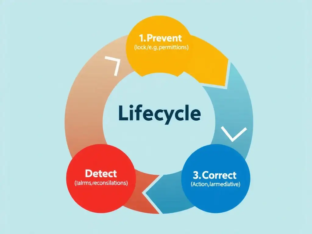 A three-stage process diagram illustrating the lifecycle of internal controls: 1. Prevent (e.g., locks/permissions), 2. Detect (e.g., alarms/reconciliations), and 3. Correct (e.g., action plan/remediation) working together to safeguard organizational integrity.