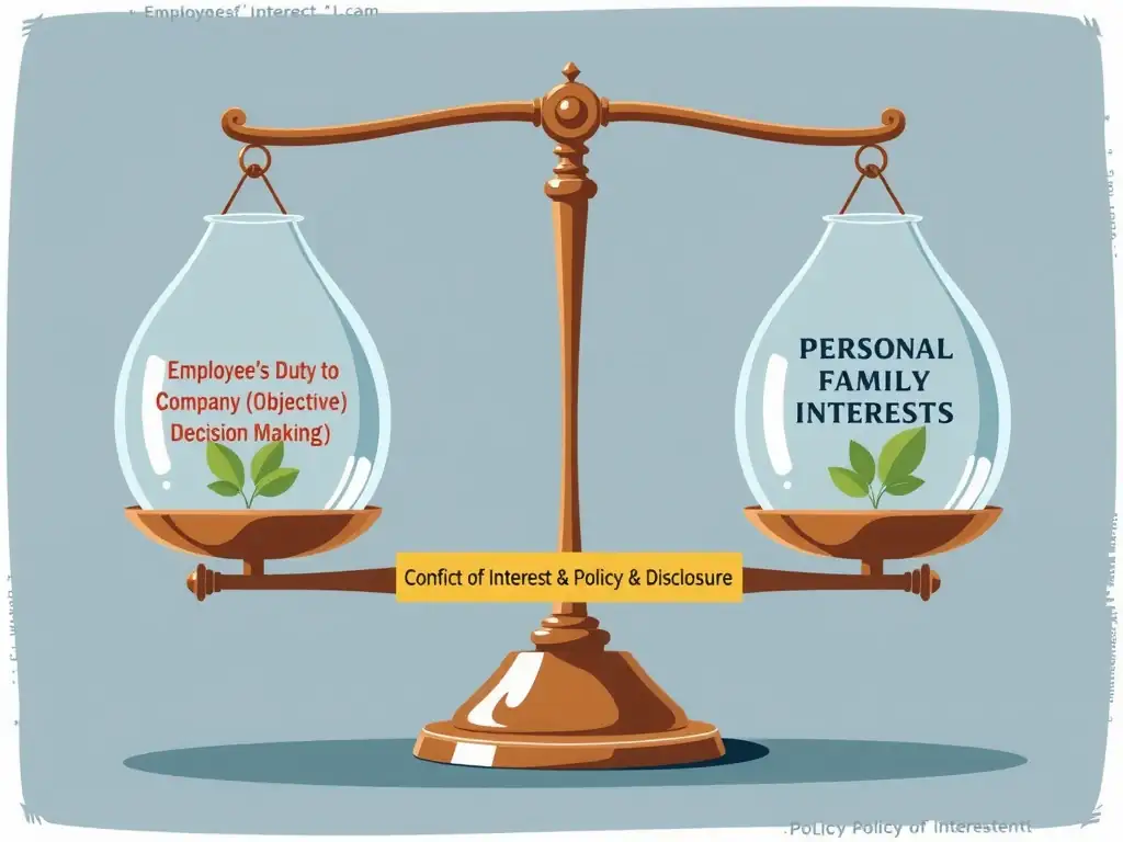 An illustration depicting a balance scale. On one side is "Employee's Duty to Company (Objective Decision Making)" and on the other side is "Personal Financial/Family Interests." A barrier labeled "Conflict of Interest Policy & Disclosure" keeps the scale balanced and transparent.