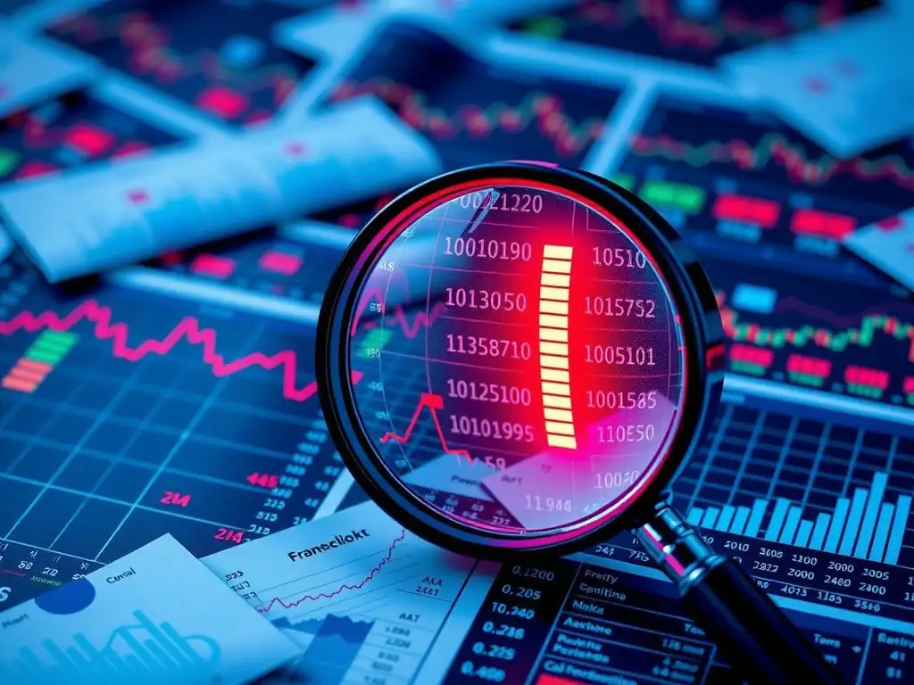 A magnifying glass hovering over a dense grid of binary data and financial spreadsheets, highlighting a glowing red row of data (representing an anomaly or outlier) amid normal blue rows of data.