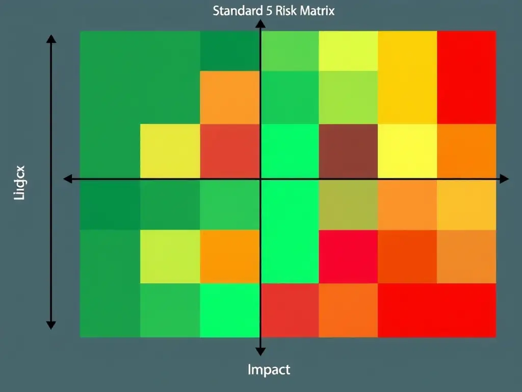 A standard 5x5 Risk Matrix heat map showing "Likelihood" on the vertical axis (from Low to High) and "Impact" on the horizontal axis (from Low to High), with risk ratings transitioning from green (low) to red (high).