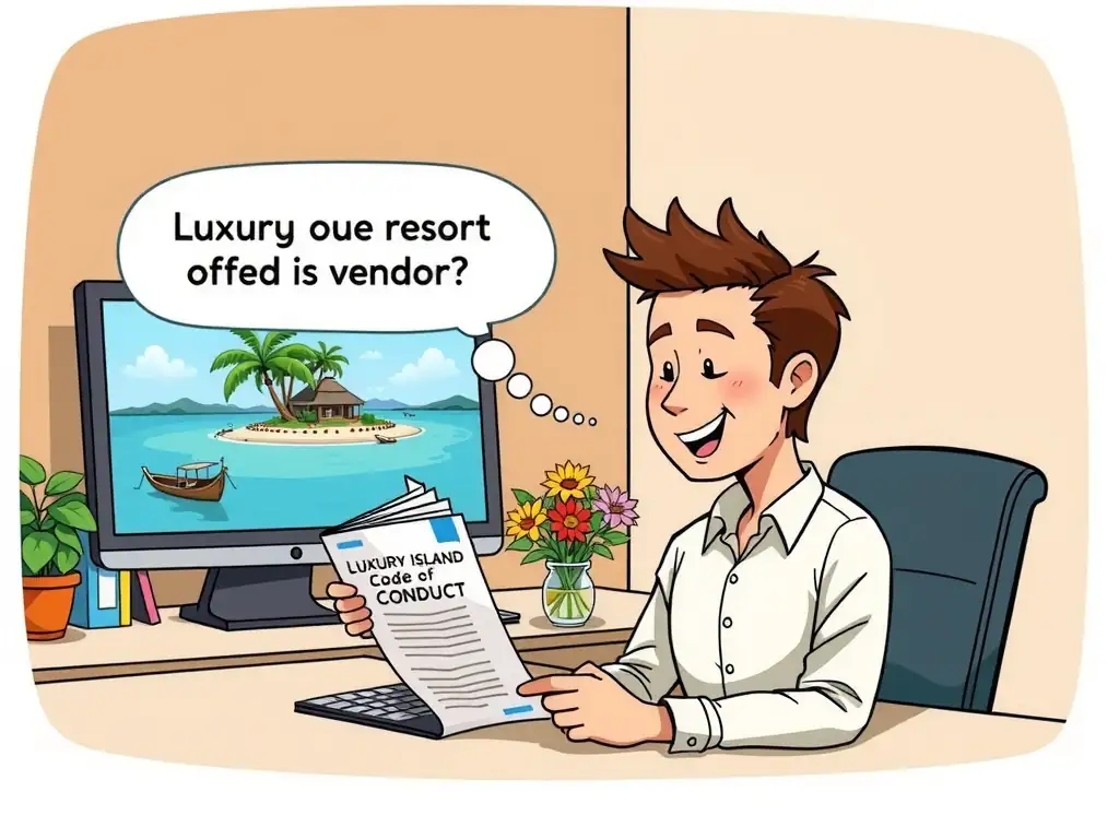 A cartoon of an employee sitting at a desk looking at a brochure for a "Luxury Island Resort" offered by a vendor, with a thought bubble showing the employee checking a document titled "Company Code of Conduct" on their computer screen.