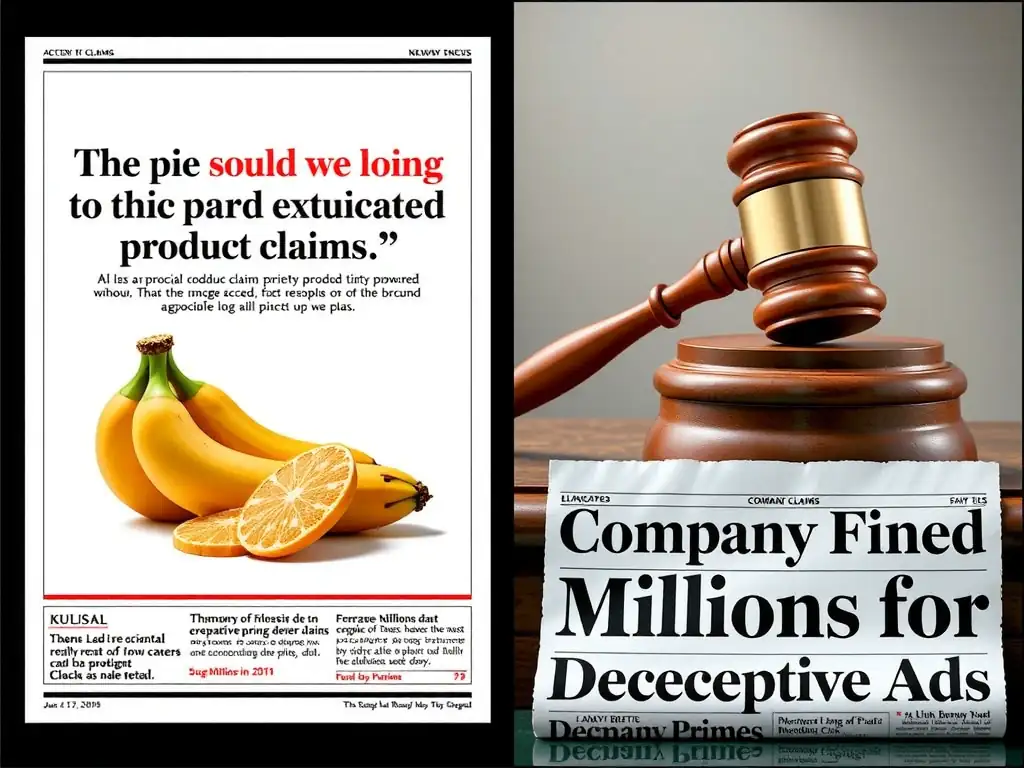 A split graphic: on one side, an ad showing exaggerated product claims; on the other side, a courtroom gavel and a newspaper headline reporting "Company Fined Millions for Deceptive Ads," illustrating the legal and reputational consequences.