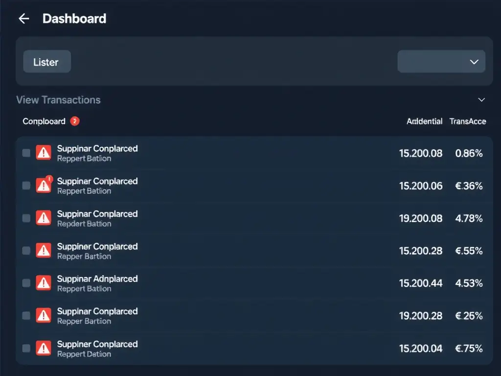 A dashboard interface displaying a list of transactions, where one line item is flagged with a red warning icon, representing a compliance "red flag" that stands out from the other normal entries.