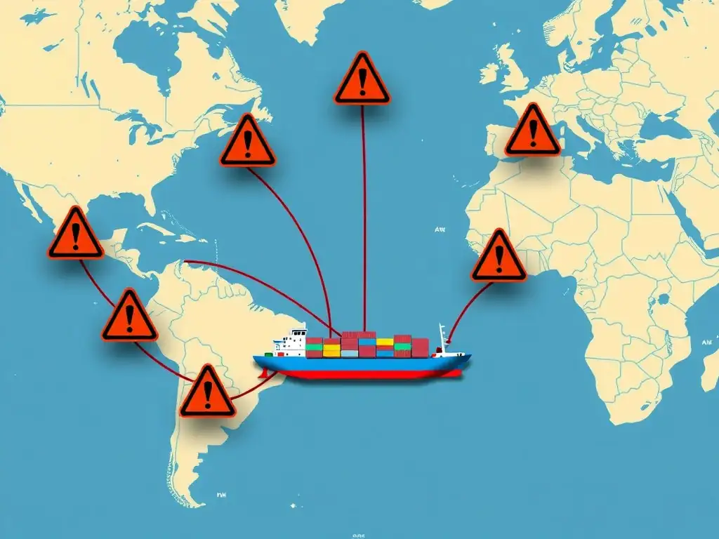 A global map with shipping routes connecting a cargo ship to a distribution center, with warning icons over the supply chain nodes representing third-party vendor human rights and labor compliance risk.