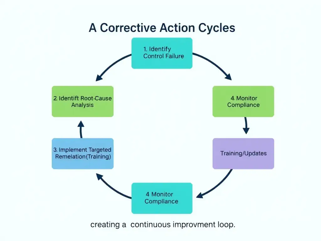 A flow chart illustrating a corrective action cycle: 1. Identify Control Failure, 2. Conduct Root-Cause Analysis, 3. Implement Targeted Remediation (Training/Updates), 4. Monitor Compliance, creating a continuous improvement loop.