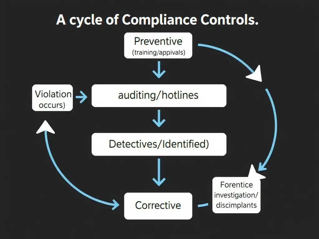 A flowchart illustrating the cycle of compliance controls: Preventive (training/approvals) -> Violation occurs -> Detective (auditing/hotlines) -> Violation identified -> Corrective (forensic investigation/disciplinary actions).