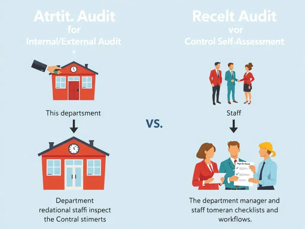 A comparison diagram showing a traditional top-down Internal/External Audit (external entity inspecting a department) versus a Control Self-Assessment (the department manager and staff evaluating their own internal checklists and workflows).