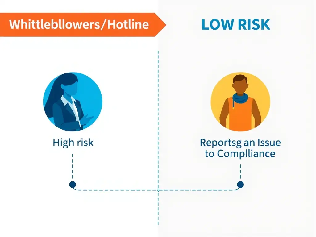 A graphic showing a whistleblower hotline/reporting channel with two paths: one showing a fearful employee remaining silent (high risk), and another showing a comfortable employee reporting an issue to compliance, leading to early resolution (low risk).