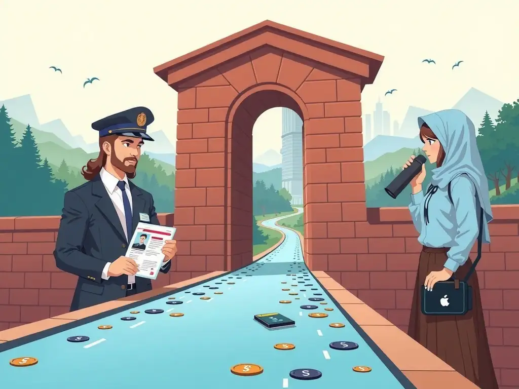 An illustration of a gatekeeper (KYC/Identity Verification) checking ID documents and monitoring a pipeline of transactions to filter out suspicious entities before they enter the company's financial system.