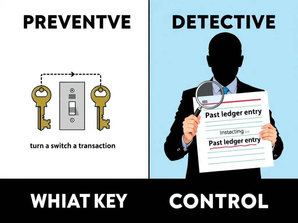 A split graphic showing a preventive control (two separate keys required to turn a switch to authorize a transaction) versus a detective control (a magnifying glass inspecting a past ledger entry).
