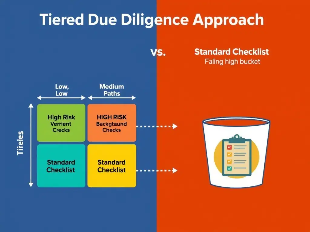 A diagram illustrating a tiered due diligence approach (low, medium, and high risk paths with varying levels of questionnaires and background checks) compared to a single rigid bucket labeled 'Standard Checklist' that fails to capture high risks.