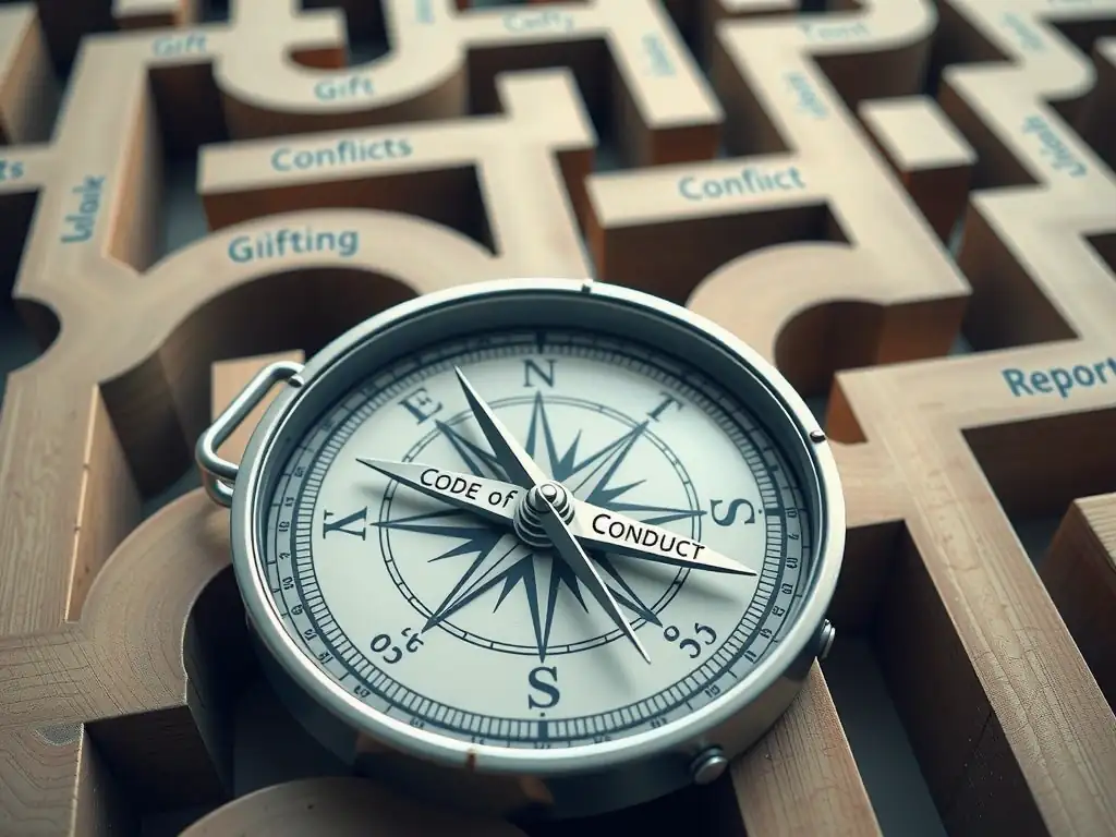 A compass labeled 'Code of Conduct' pointing towards 'Ethical Decisions' and guiding an employee through a maze of pathways labeled 'Gifts', 'Conflicts of Interest', and 'Reporting'.