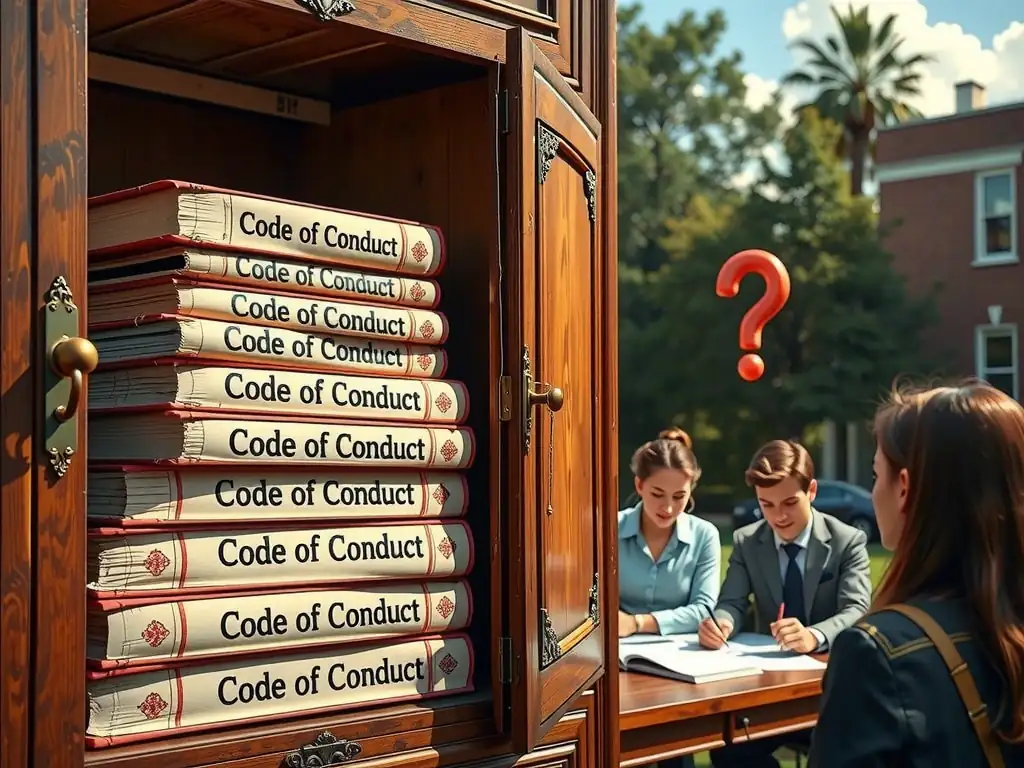 A stack of dusty 'Code of Conduct' books sitting locked in a cabinet, while employees outside are working with a question mark over their heads, illustrating a lack of communication and training.