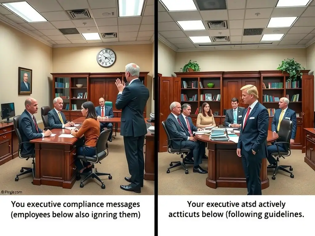 A comparison of two executive offices: one showing an executive ignoring compliance messages (employees below also ignoring them), and another showing an executive actively participating in training (employees below following guidelines).