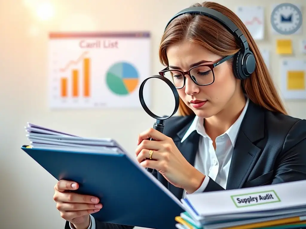 A compliance officer wearing headphones and reviewing a stack of financial documents with a magnifying glass, cross-referencing them against a checklist labeled 'Supplier Audit'.
