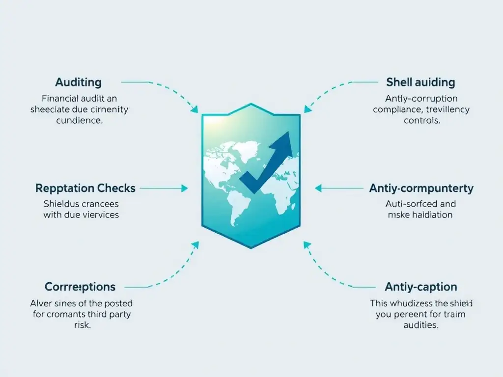 Visualizing the components of a comprehensive third-party due diligence checklist, including financial auditing, reputation checks, and anti-corruption compliance controls, showing their role in shielding a company from risk.