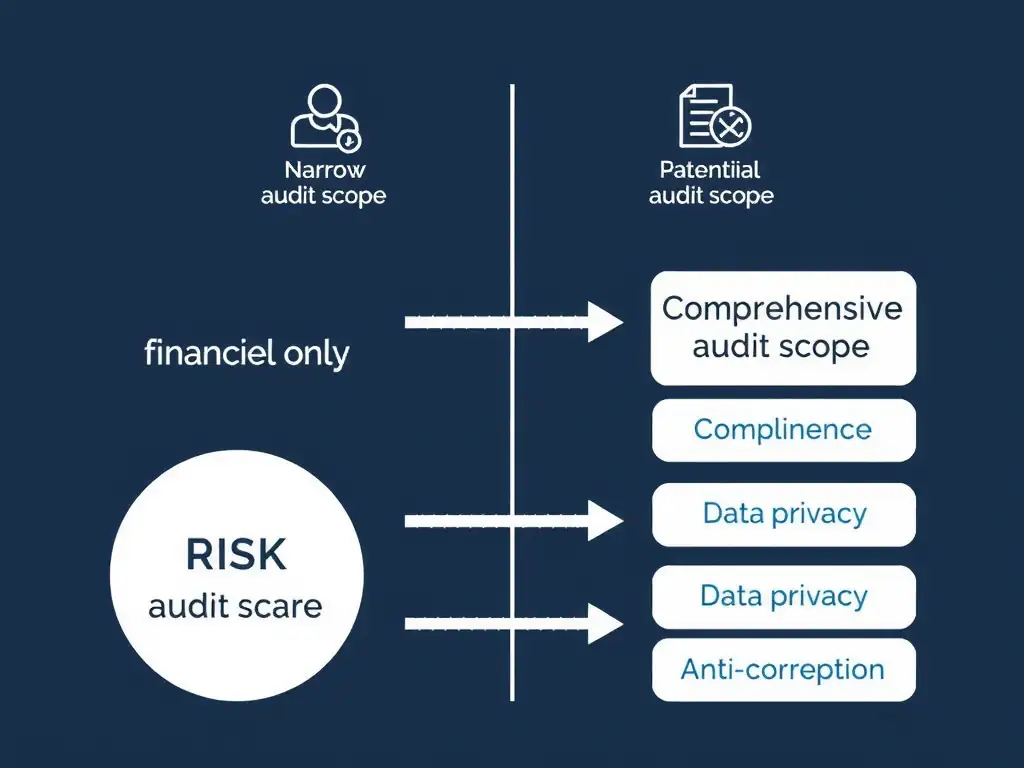 Diagram showing the difference between a narrow audit scope (financial only) and a comprehensive audit scope (including compliance, data privacy, and anti-corruption) with arrows pointing to potential risk exposures.