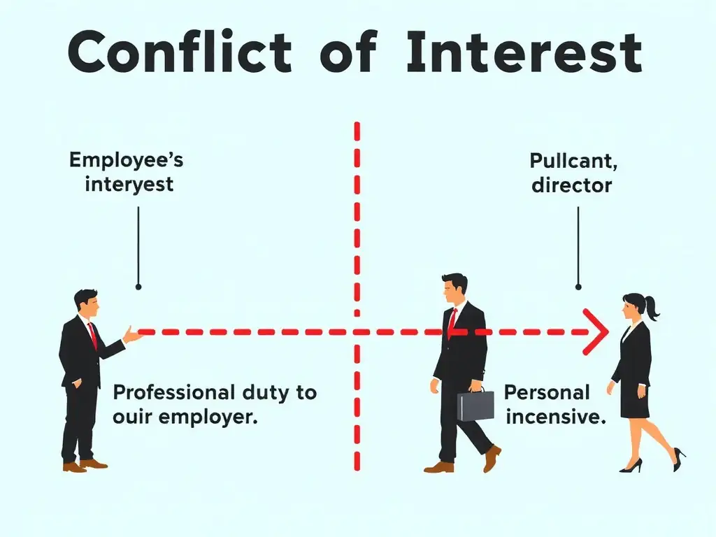 Diagram illustrating a conflict of interest scenario where an employee's professional duty to their employer is pulled in a different direction by a personal financial incentive.