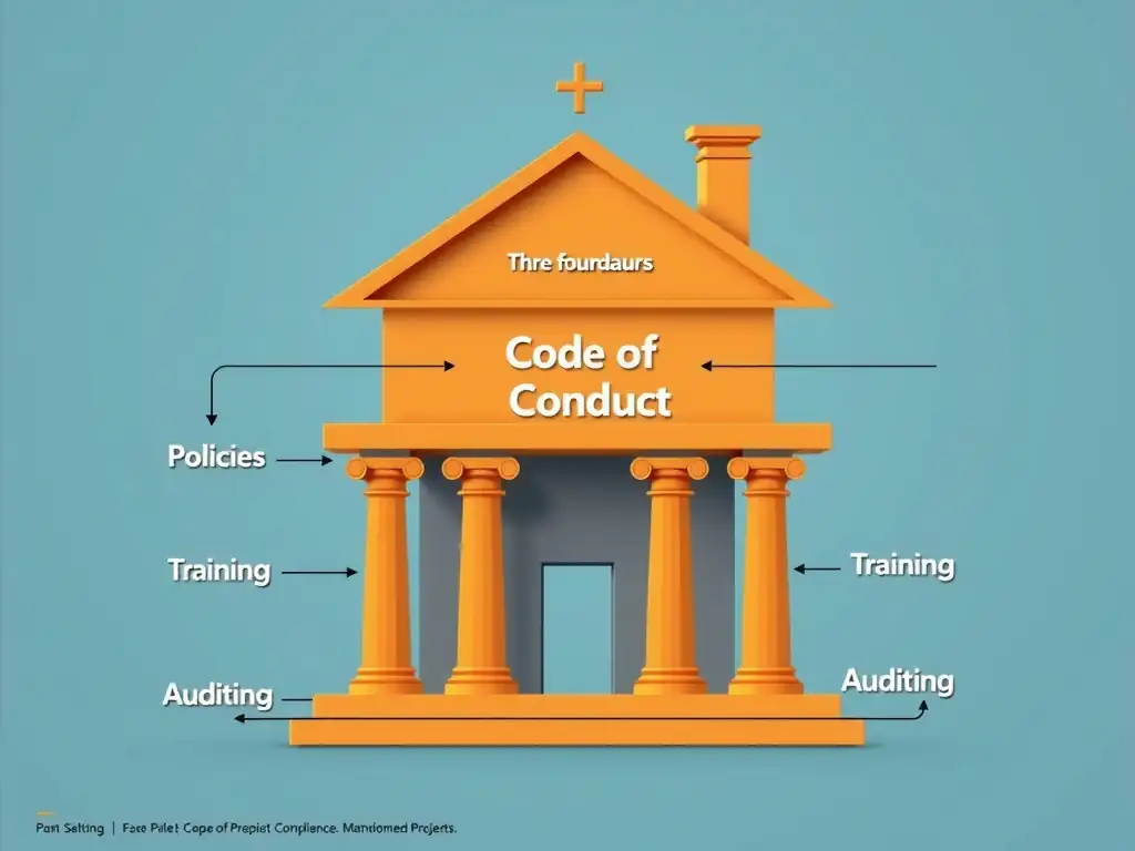 An architectural diagram showing the Code of Conduct as the foundation of a corporate compliance house, supporting pillars like policies, training, and auditing.