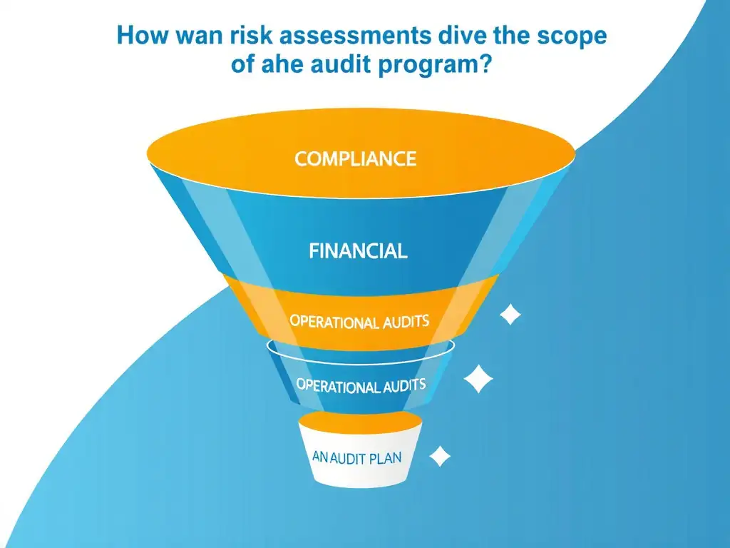 An audit planning funnel illustrating how risk assessments drive the scope of an audit program, showing compliance, financial, and operational audits feeding into the audit plan.