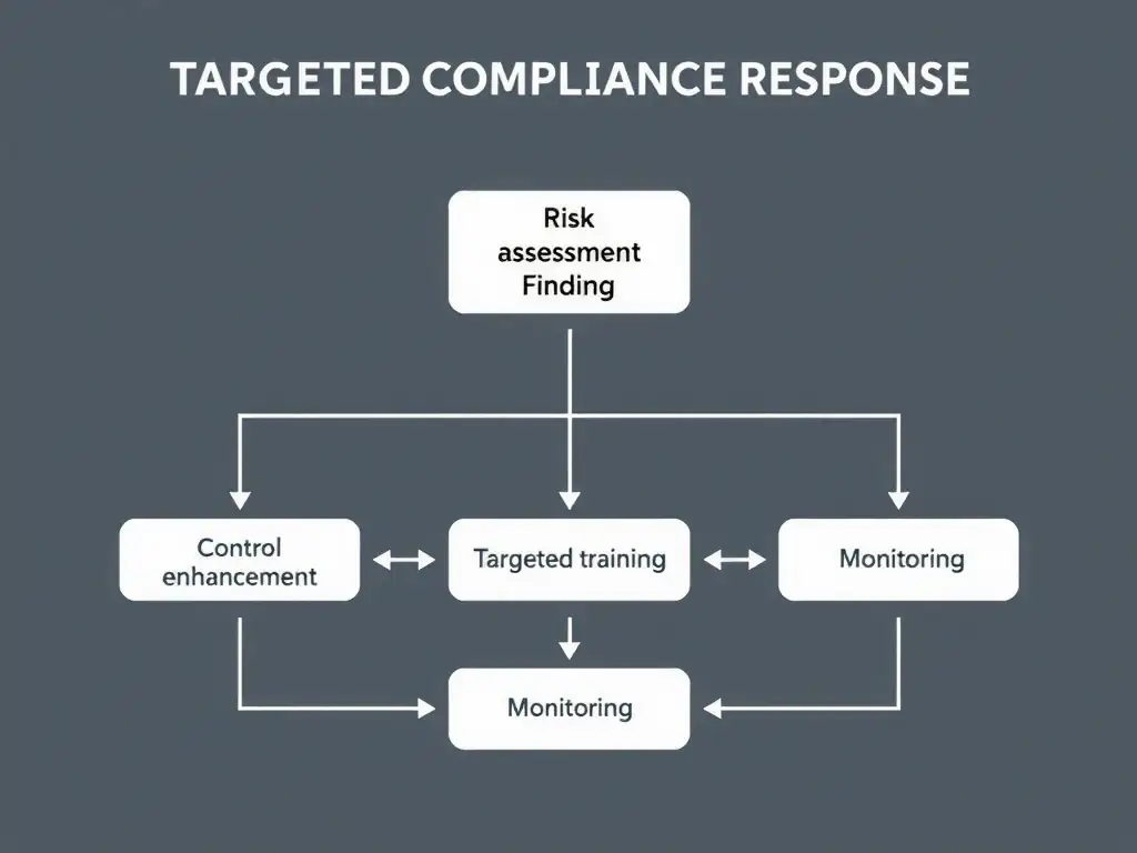A flow chart showing a risk assessment finding leading to a targeted compliance response: risk identification -> control enhancement -> targeted training -> monitoring.