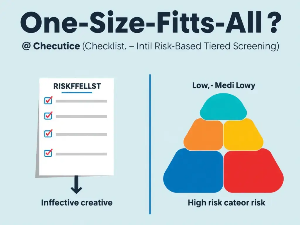 An infographic contrasting a "One-Size-Fits-All Checklist" (ineffective, flat line) with a "Risk-Based Tiered Screening" (effective, divided into Low, Medium, High risk categories).