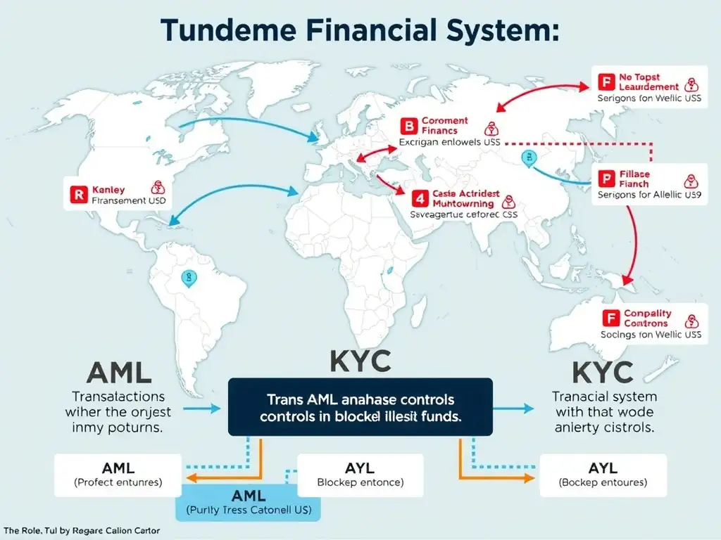Diagram showing a global financial system with transactions flowing through it, highlighting the role of AML (Anti-Money Laundering) and KYC (Know Your Customer) controls in blocking illicit funds.