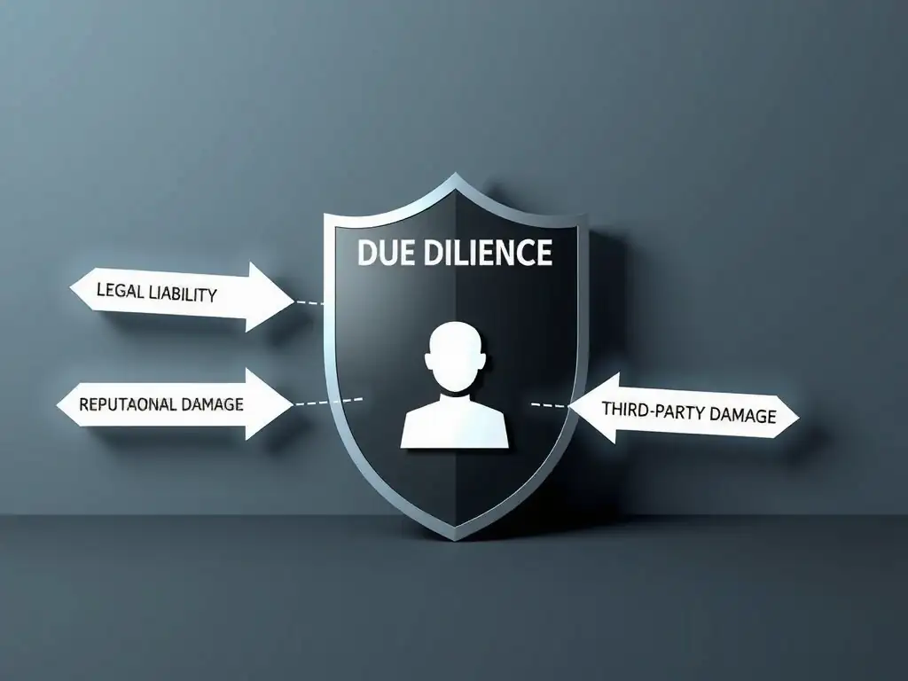 A shield metaphor showing "Due Diligence" protecting a company icon from incoming arrows labeled "Legal Liability", "Fines", and "Reputational Damage" originating from a "Third-Party" vendor.
