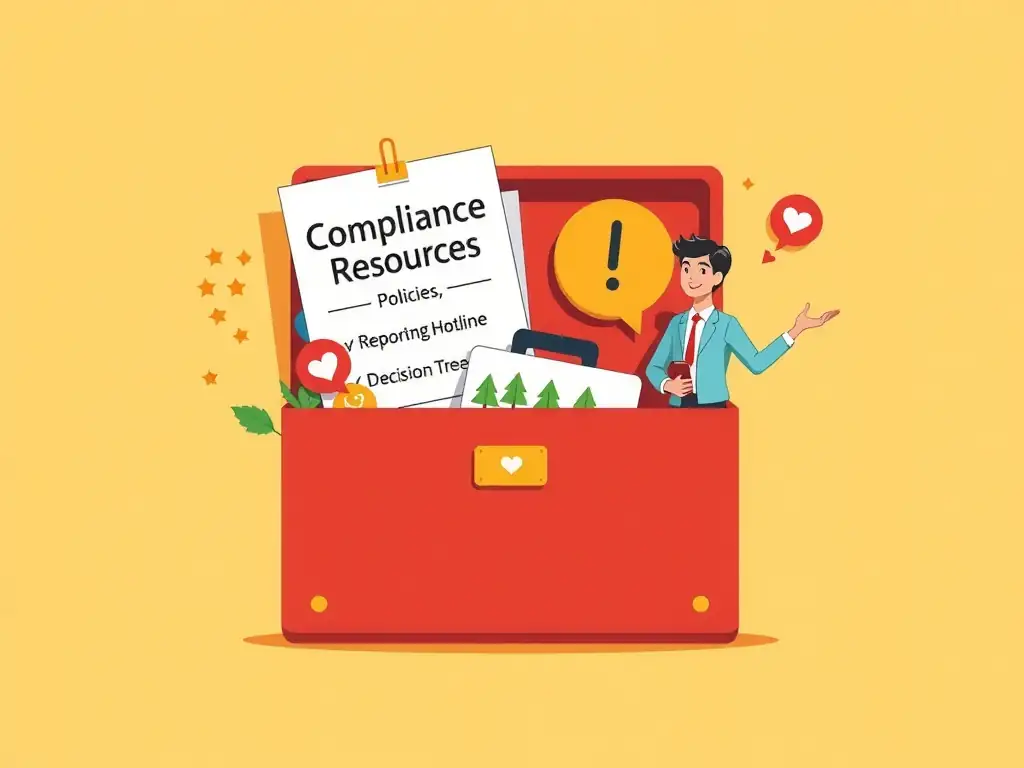 An icon of a toolbox containing compliance resources (policies, reporting hotline, decision trees) being handed to an employee, symbolizing empowerment and prevention.