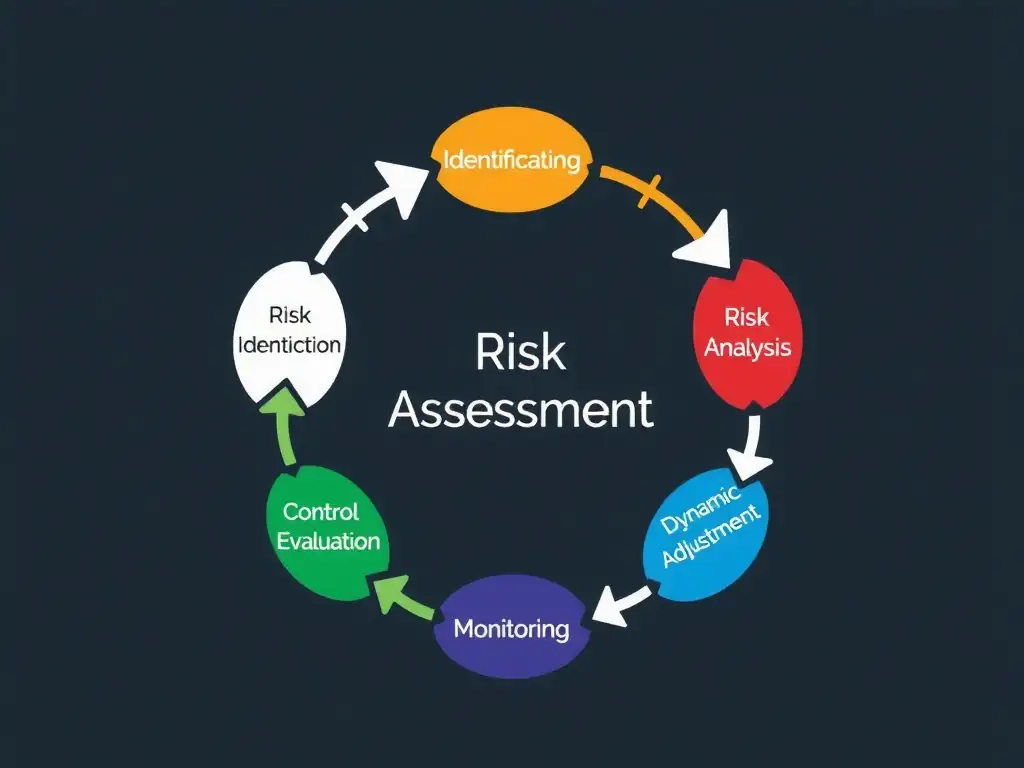 A circular flow diagram representing the continuous cycle of risk assessment, showcasing the stages of "Risk Identification", "Risk Analysis", "Control Evaluation", "Monitoring", and "Dynamic Adjustment" as a repeating loop, highlighting the influence of internal and external changes.