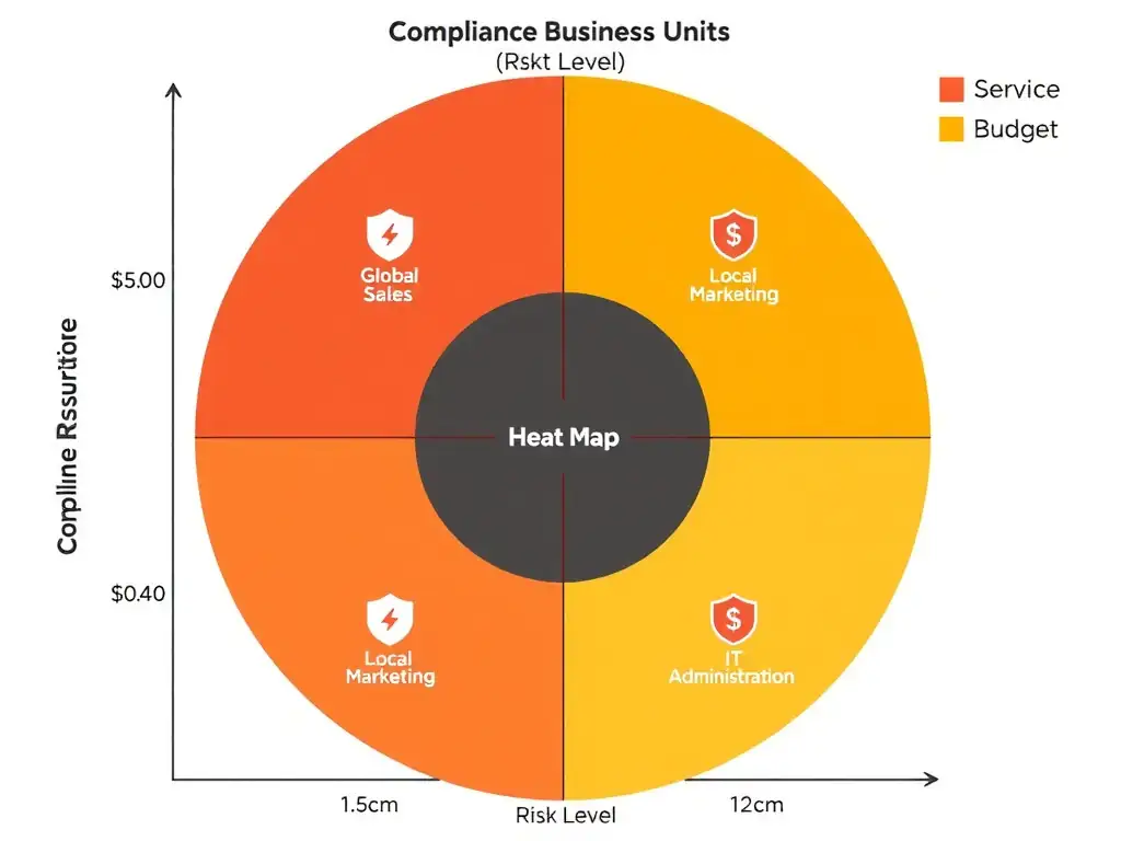 A heat map diagram representing different corporate business units (e.g., Global Sales, Local Marketing, IT Administration) plotted by risk level, showing compliance resources (represented by shield icons or budget indicators) concentrated on the high-risk, high-exposure quadrant.