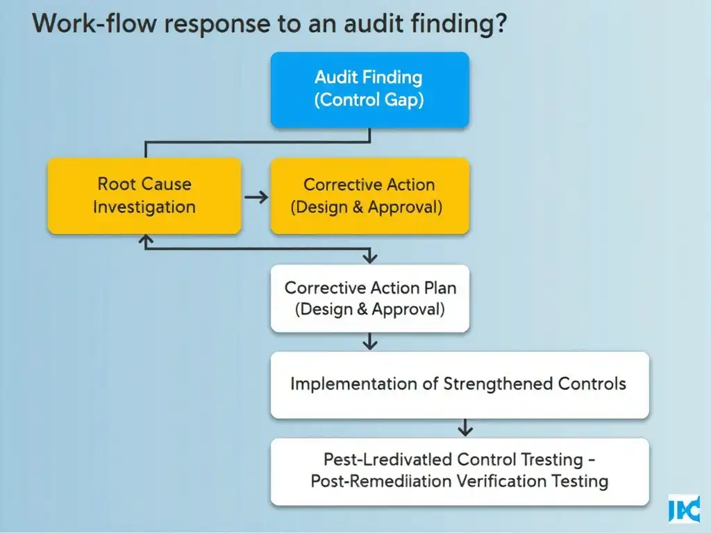 A workflow diagram illustrating the response to an audit finding: "Audit Finding (Control Gap)" -> "Root Cause Investigation" -> "Corrective Action Plan (Design & Approval)" -> "Implementation of Strengthened Controls" -> "Post-Remediation Verification Testing".