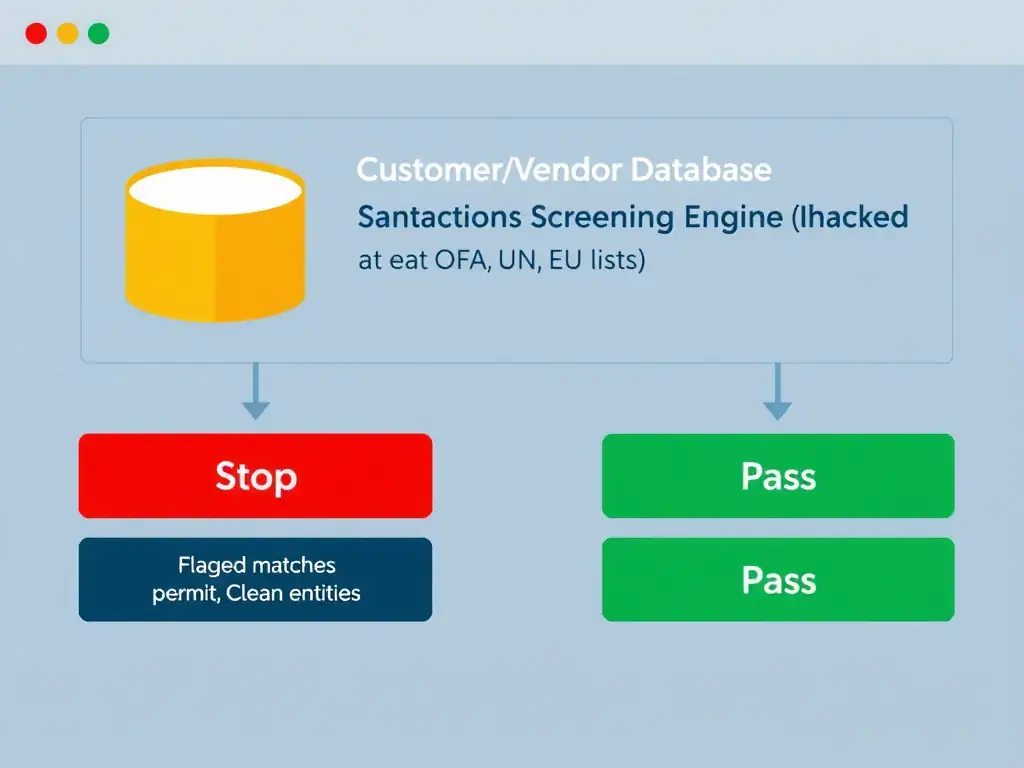 A digital screen showing a "Customer/Vendor Database" feeding into a "Sanctions Screening Engine" (checking against OFAC, UN, EU lists), which blocks flagged matches (marked with a red "Stop" icon) and permits clean entities (marked with a green "Pass" icon).