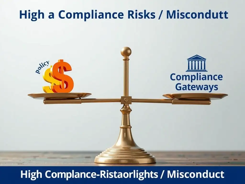 A balance scale comparing "Financial Incentives" (dollar signs, revenue goals) on one side and "Compliance Gateways" (policy adherence, ethical benchmarks) on the other, showing that an imbalance (financial-only) tips the scale toward "High Compliance Risks / Misconduct".