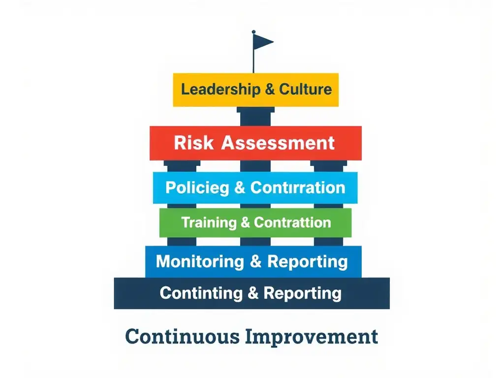 A structural block diagram representing the pillars of a Compliance Management System: "Leadership & Culture" at the top, supported by "Risk Assessment", "Policies & Controls", "Training & Communication", and "Monitoring & Reporting", all resting on a foundation of "Continuous Improvement".